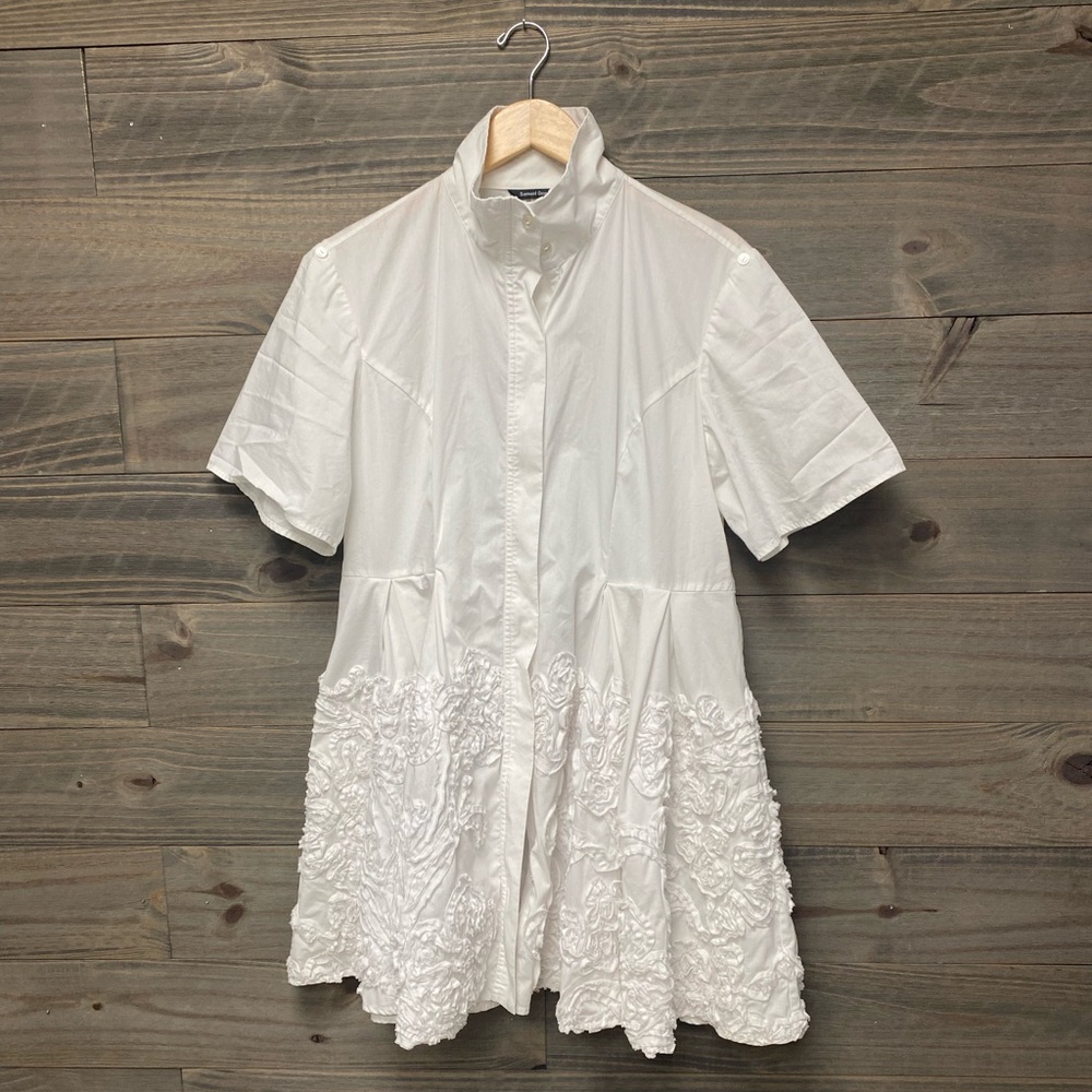 Samuel Dong, bright white, floral, zipper dress.